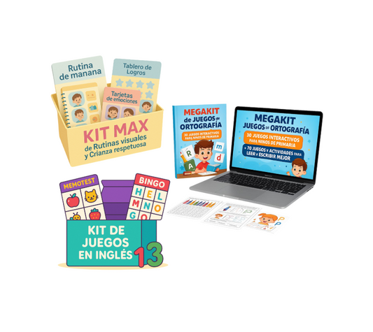 Megakit Juegos de Ortografía + Kit Max de Rutinas Visuales + Kit de juegos en Ingles